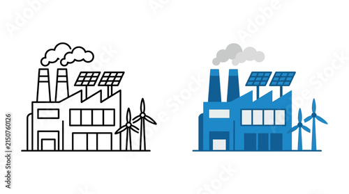 Industrial factory with solar panels and wind turbines sustainable energy concept