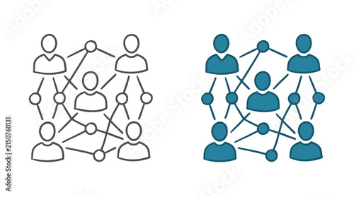 Social network connection icons with human figures and communication nodes