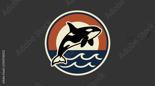 Orca whale jumping over ocean waves emblem