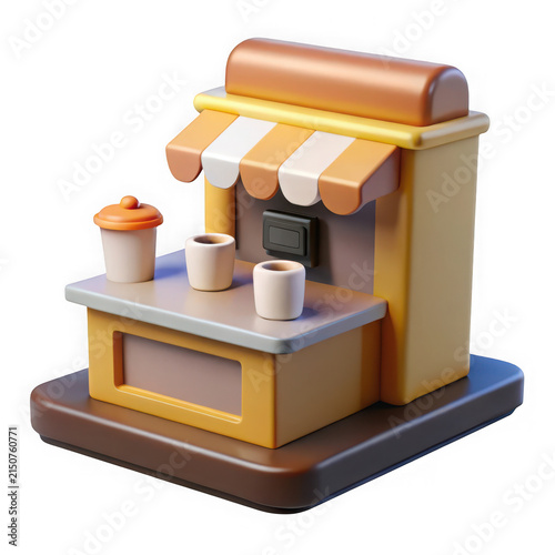 3D Model of a Small Coffee Kiosk with Cups and Awning on White Background
