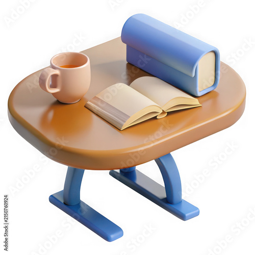 Minimalist 3D isometric study desk featuring open book and coffee mug for education workspace design