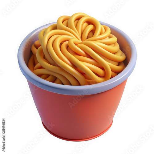 3D Render of Delicious Yellow Noodles in a Red Bowl Isolated on a Pure White Background