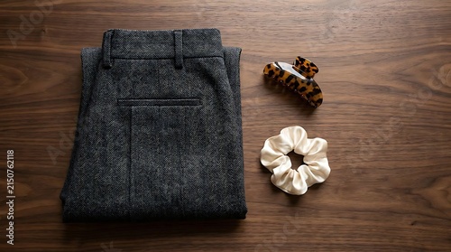 Grey trousers with hair accessories on dark wood