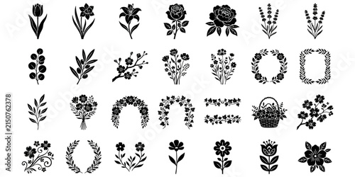 black floral vector icons and decorative plant designs for commercial use