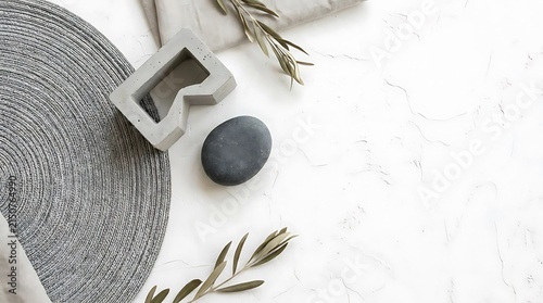 Concrete letter M with olive branches and stones.