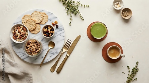 Healthy breakfast flat lay with matcha and nuts
