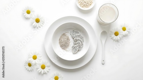 Healthy breakfast with oatmeal and daisies on white surface.
