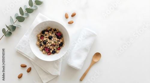 Healthy granola bowl with almonds and eucalyptus leaves.