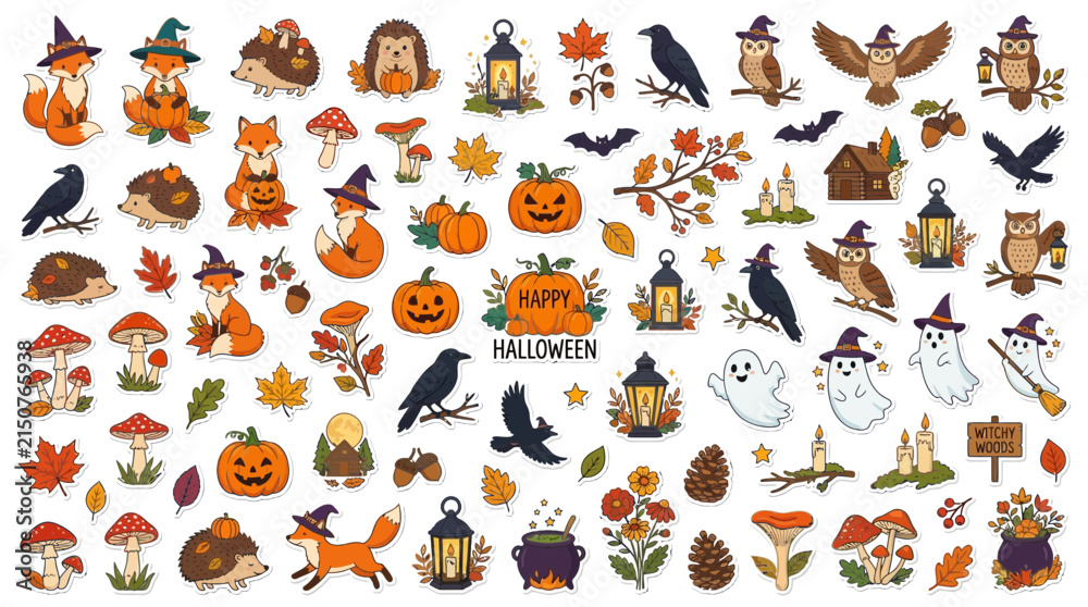 Obraz premium Happy Halloween vector collection, vintage autumn spice animals, cute fox hedgehog owl witch ghost pumpkin icons, hand drawn Thanksgiving elements isolated on White Background Editable EPS