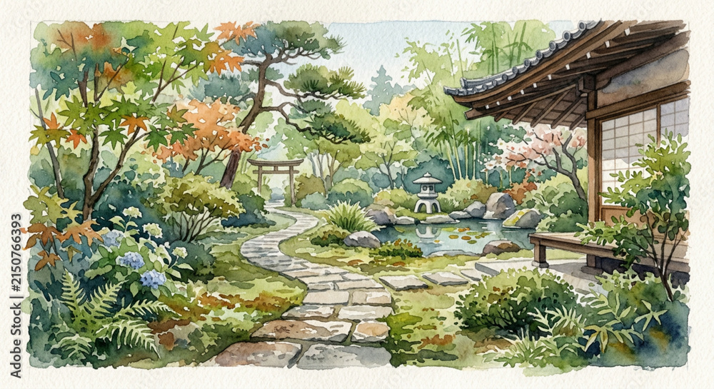 Fototapeta premium Japanese Garden with Traditional House, Stone Path and Pond, Watercolor Illustration