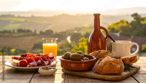 Rustic Mediterranean Morning Breakfast Table with Fresh Bread Olives and Cured Ham Overlooking a Sunny Rolling Tuscan Countryside Landscape