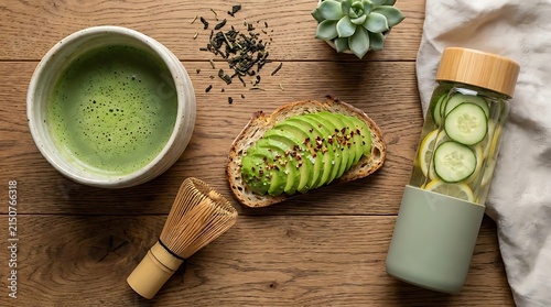 Healthy matcha tea with avocado toast and cucumber water