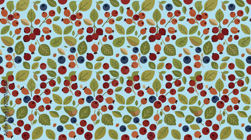 Colorful forest berry pattern with leaves on blue background