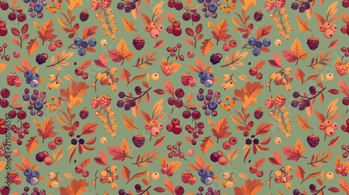 Seamless autumn berry and leaf pattern on green background