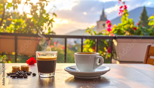 Espresso and Coffee Cups on Balcony Table at Sunrise Overlooking Scenic European Village and Mountain Landscape