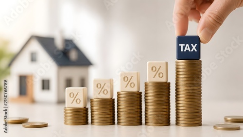 Hand placing a blue tax block on the highest coin stack with percent signs and a house background, illustrating rising property taxes and mortgage rates.