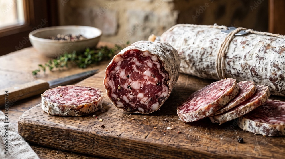 Fototapeta premium Rustic cutting board with sliced cured salami and knife in a farmhouse kitchen setting