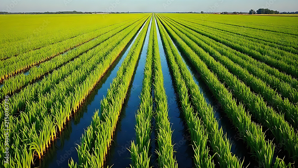 Fototapeta premium Straight irrigation canal through green field, geometric squares, calm water reflection.