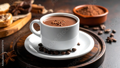 Delicious thick hot chocolate in a white ceramic cup served with cocoa powder star anise and coffee beans on a rustic wooden tray