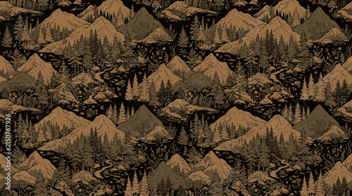 Vintage mountain landscape pattern with pine trees