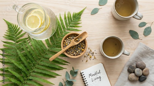 Herbal tea with lemon and green fern leaves.