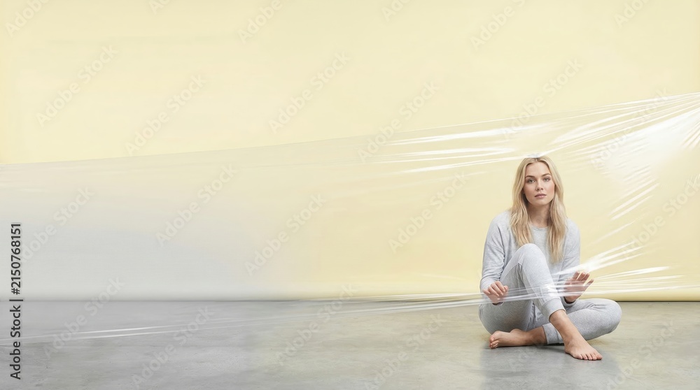 Fototapeta premium Woman sitting barefoot on floor behind stretched plastic film on yellow background