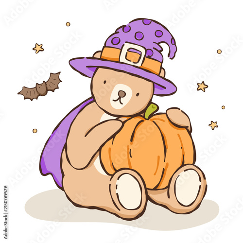 a teddy bear wearing a witch hat and sit holding a pumpkin