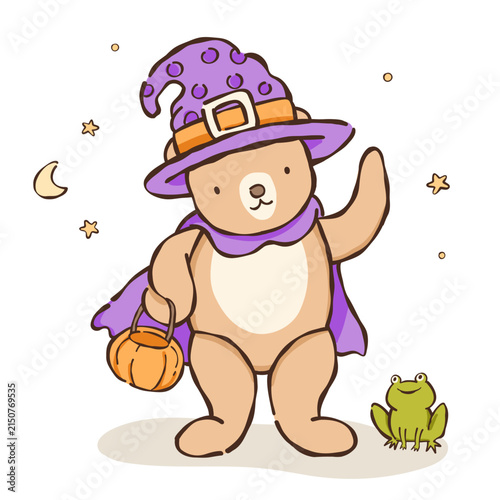 a teddy bear dressed as a witch with a pumpkin and frog