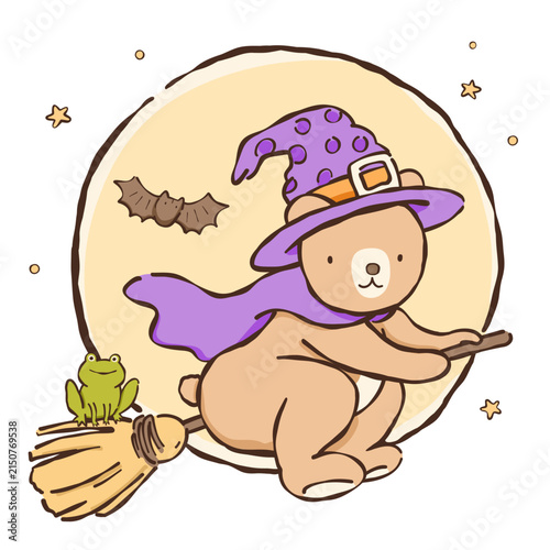 a teddy bear in a witch hat riding broom