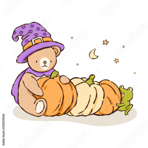a teddy bear in a witch hat is holding pumpkins