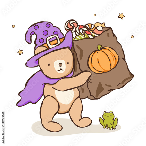 a teddy bear dressed as a witch holding a bag of pumpkins