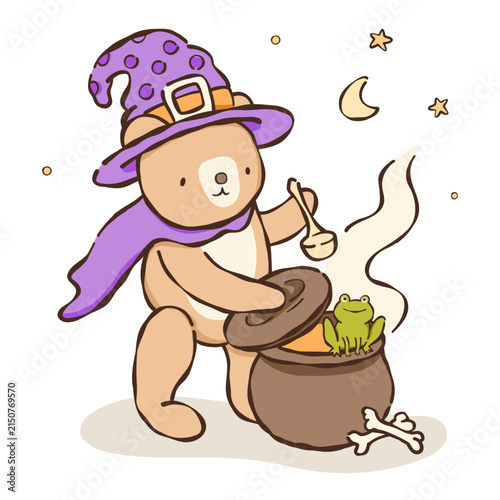 a teddy bear in a witch hat is cooking a pot of soup