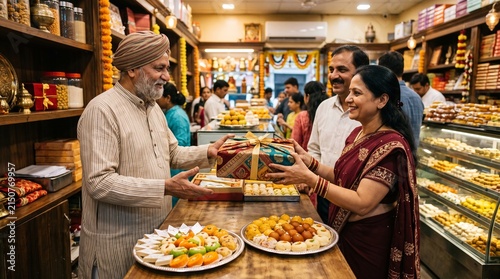 Festive gift exchange between Indian couple and shopkeeper in traditional sweet shop