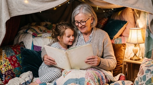 Grandmother reading bedtime story to little girl in cozy blanket fort at home