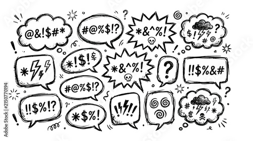 Hand drawn vector illustration showing collection of comic style speech bubbles filled with angry symbols
