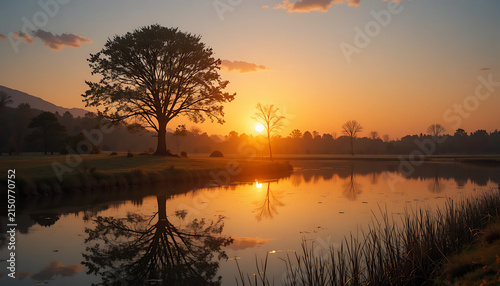 Close-up view of serene landscape with large tree standing near calm body of water reflecting warm golden sky at sunrise with smaller silhouetted trees in background