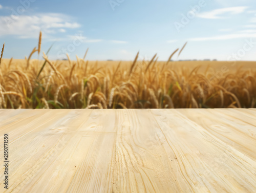Empty wooden table in front of golden wheat field under blue sky