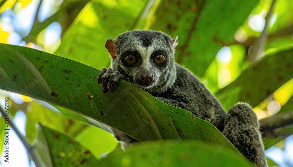 Obraz premium Lemur face peering through lush green leaves.