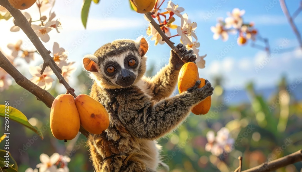 Naklejka premium Lemur holding orange fruit in blossoming spring branches