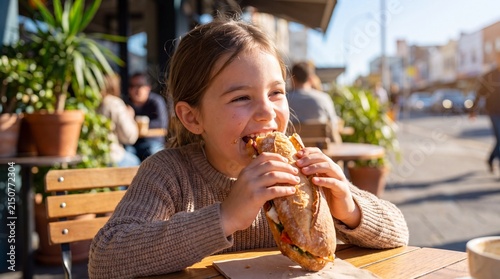 Girl Enjoying Sandwich at Outdoor Cafe