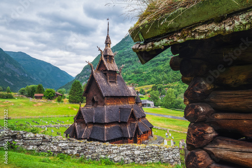 Scenic view of medieval wooden Borgund Stave church, Norway