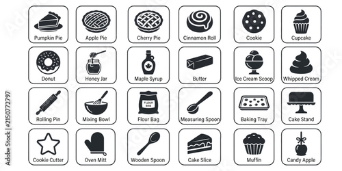 A comprehensive collection of baking and cooking tools, ingredients, desserts, and kitchen essentials for commercial use in food, recipe, and culinary photography.