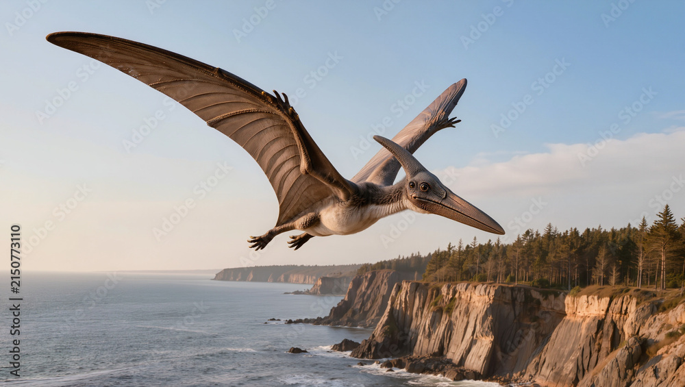 Fototapeta premium Realistic Pterodactyl Gliding Above Prehistoric Coastal Habitat