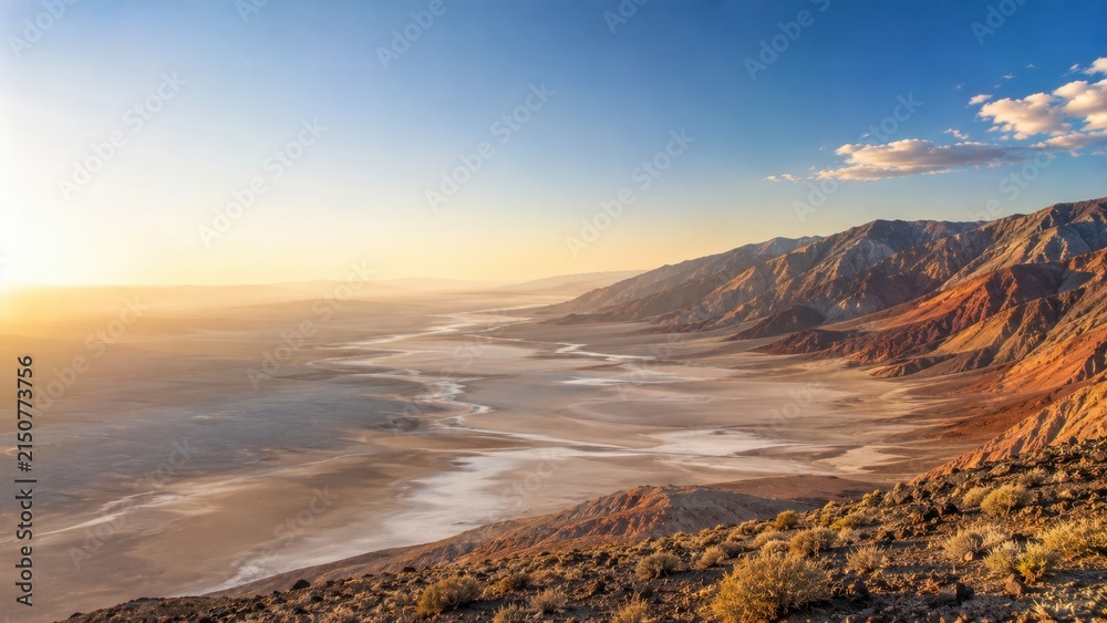 Obraz premium Desert mountain valley landscape at sunrise with rugged terrain and glowing golden light