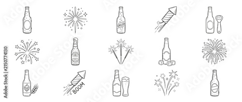 Hand Drawn Beer Bottles and Fireworks Celebration Icon Set