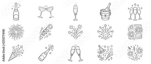 Hand drawn celebration icon set featuring champagne and fireworks