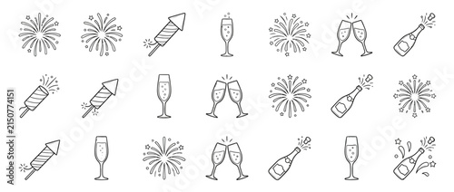 Hand drawn celebration icon set with fireworks and champagne