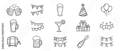 Hand drawn celebration icon set with beer and party decorations