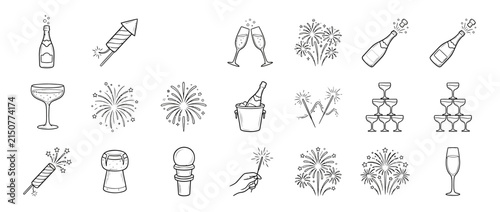 Hand drawn celebration icons with champagne and fireworks elements