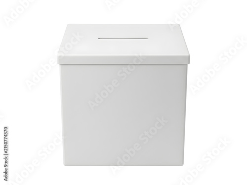 Ballot box white opaque square with a top slot for votes, isolated on transparent background